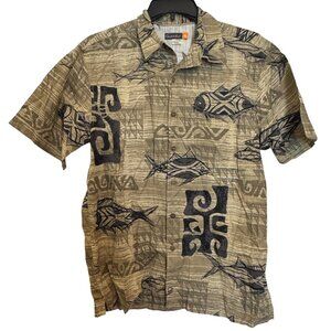 Vintage Quiksilver Hawaii Mens Button-Up Shirt Large Tribal Fish Print Beige Cot